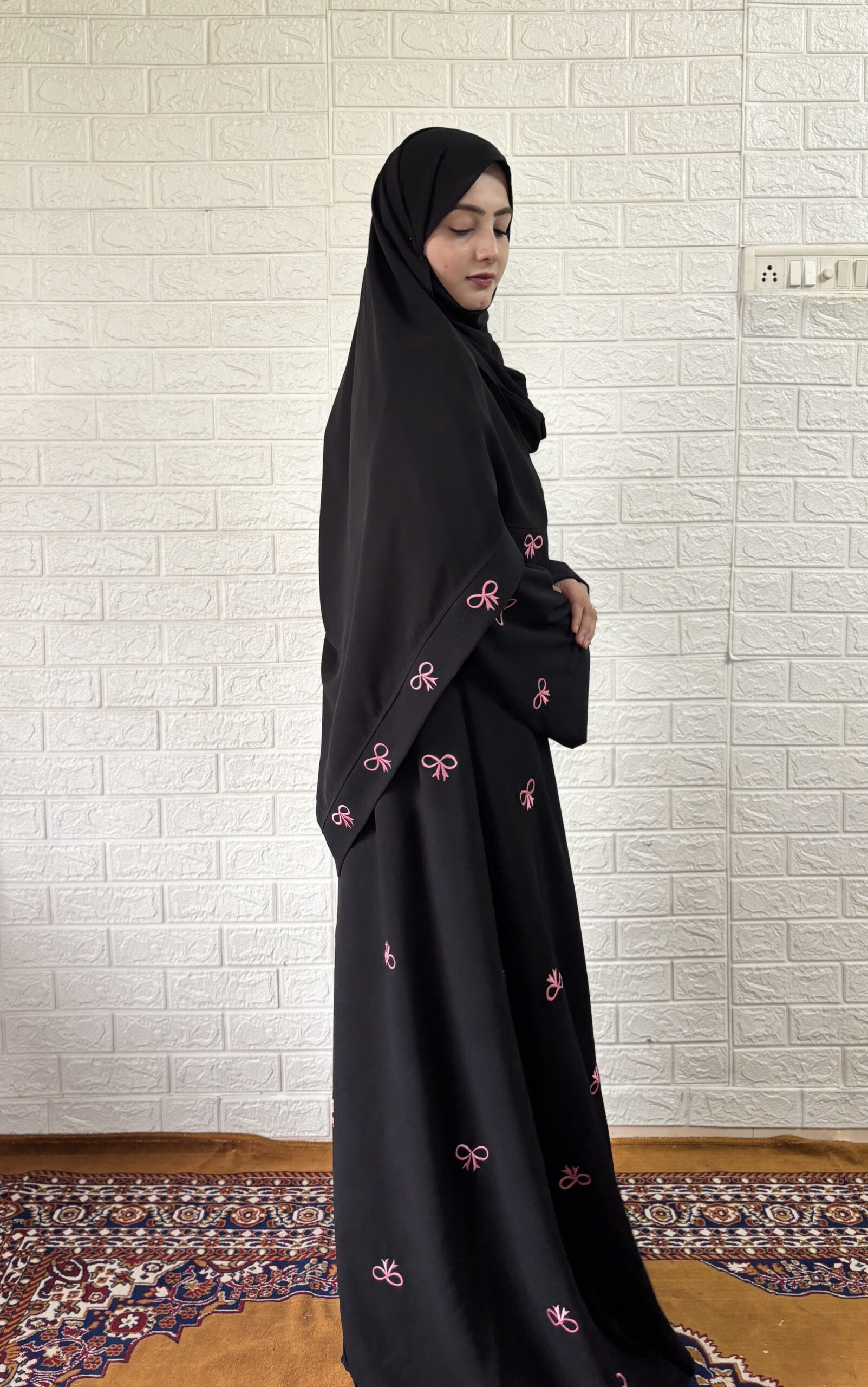 Bow Abaya with Dupatta (Black) - Image 3